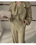 Ruffle Spliced V-neck Shirt + High Waist Wide Leg Pants Set Female  Autumn New Women Solid Loose Two-piece 16T577