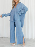 Women Two-piece Pleated Pants Suits Casual Chic Solid Color Long Sleeve Button down Shirts and Straight Leg Trousers Set