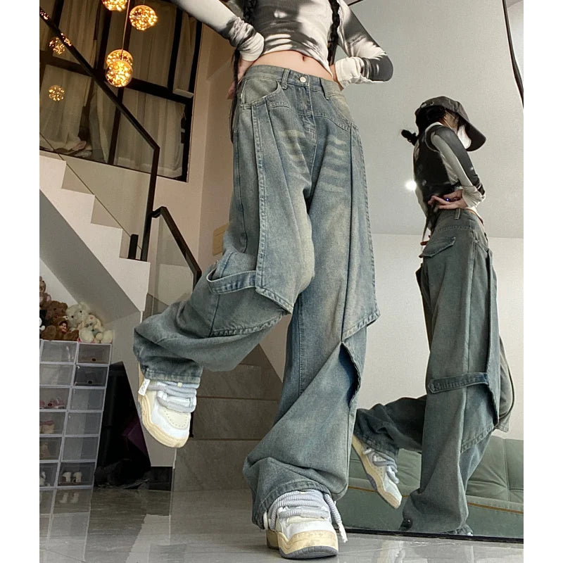 Blue Women Jeans Vintage High Waist Chic American Fashion Y2K Streetwear Wide Leg Jean Female Trouser  NEW Baggy Denim Pants