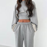 woloong  White Three Piece Set For Women O Neck Long Sleeve Tops Sleeveless Vest Wide Leg Pants Female Casual Sets New