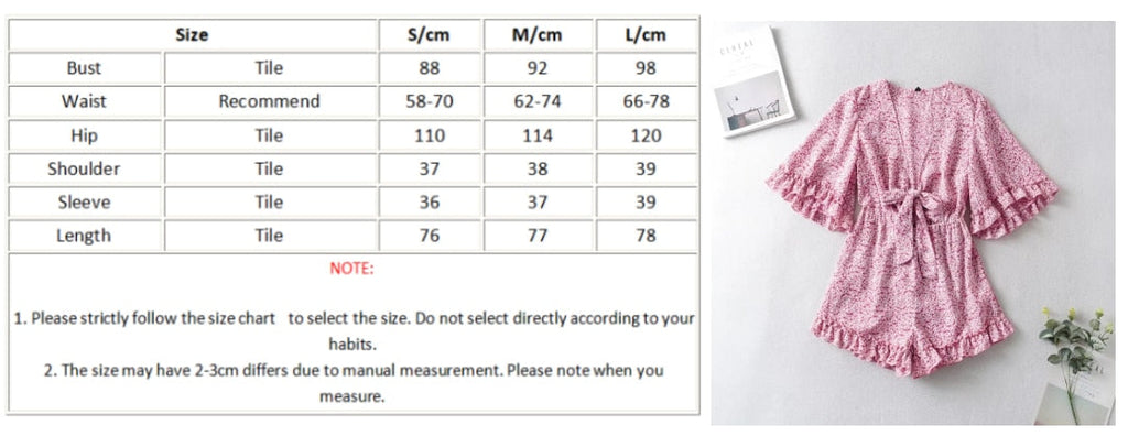 Bell Sleeve Floral Boho Playsuit Romper Spring Summer Women Beach Playsuit Elegant V Neck Pink Romper Women Fashion