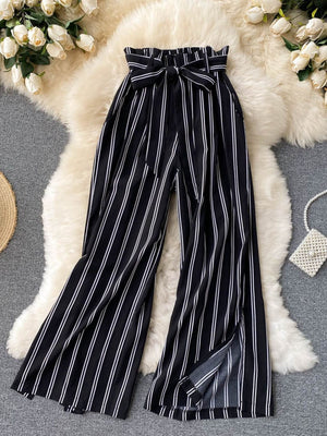 goosudu Summer New Fashion All-match Women's Casual Pants Retro Striped Color Slim Long Slit Wide Leg Pants DK1053