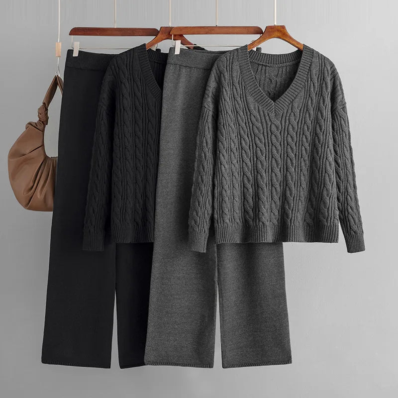 goosudu  Autumn Loose Two Pieces Sets Women Twist Striped Sweater+Wide Legs Thick Long Pant Home Wear Casual Knitted Suits