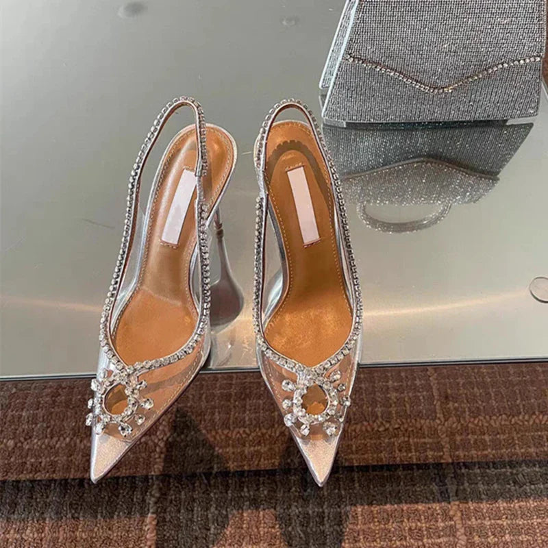Spring and summer new European and American pointed high heels transparent rhinestone fashion sandals