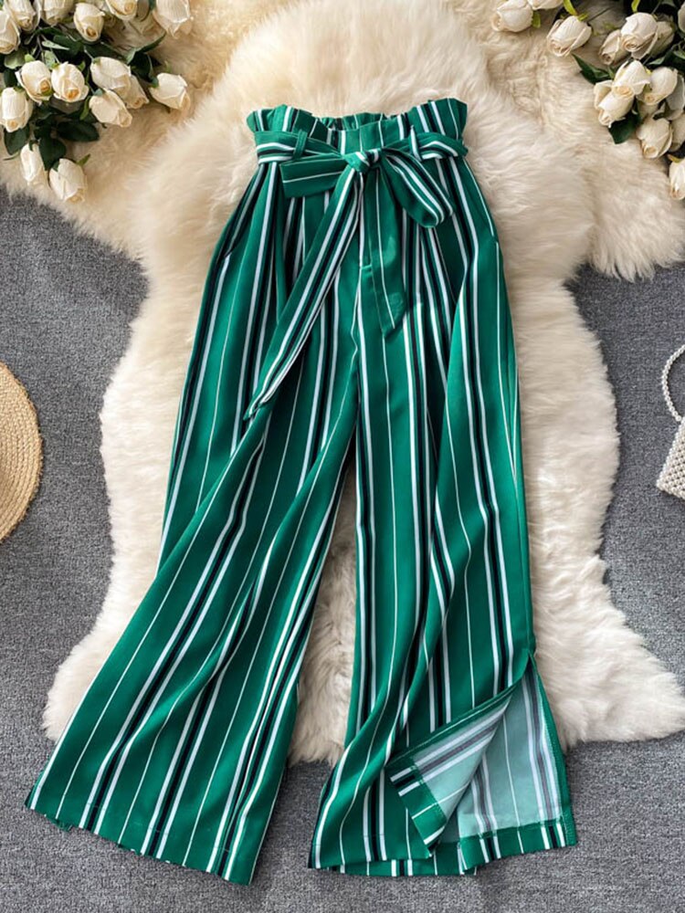 goosudu Summer New Fashion All-match Women's Casual Pants Retro Striped Color Slim Long Slit Wide Leg Pants DK1053