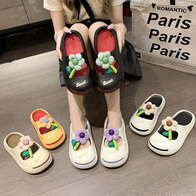 Women Candy Color Flower New Slippers Summer Thick Sole Outdoor Cute Hollow Breathable Fashion Leisure Shoes Women Slippers