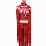 Tassel Hand Crochet Knitted Women Bikini Cover Ups  Summer Holiday Beach Bathing Suit Sexy Hollow Out Skirts Matching Set