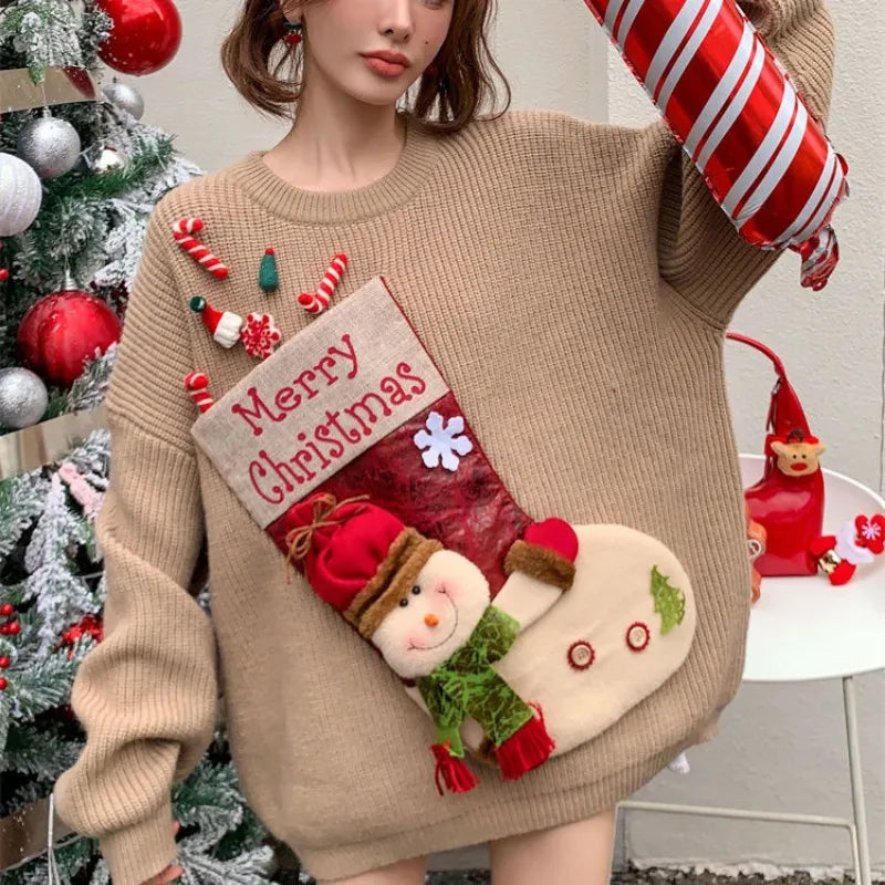 Christmas Red Loose Sweaters Mujer  Autumn New Thicked Warm Knitted Pullovers Y2k Long Sleeve Lazy Tops Women New Year