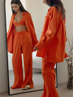 Cotton Homewear Shirt Long Pants 2 Piece Set Female Long Sleeve Shirt Suit High Waist Lace Up Slit Wide Leg Pants Set