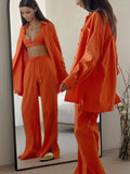 Cotton Homewear Shirt Long Pants 2 Piece Set Female Long Sleeve Shirt Suit High Waist Lace Up Slit Wide Leg Pants Set