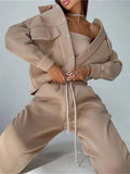 Women's WarmTwo Piece Sets Oversized Sportwear Collar Jacket And Drawstring Trouser Autumn Winter Suits For Women