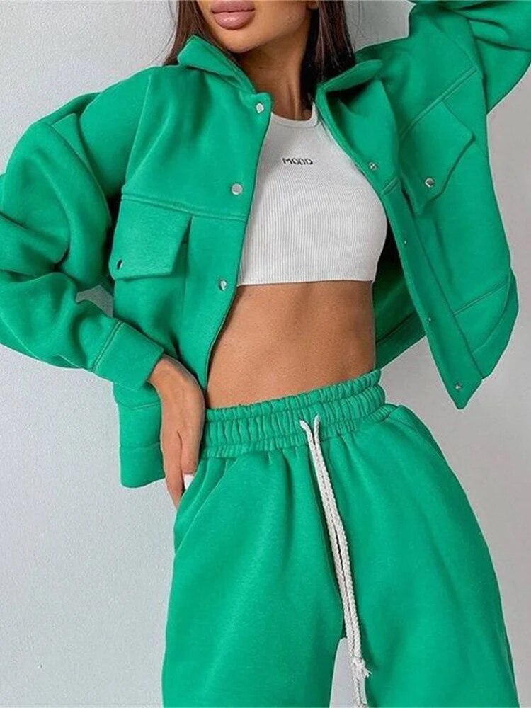 Women's WarmTwo Piece Sets Oversized Sportwear Collar Jacket And Drawstring Trouser Autumn Winter Suits For Women
