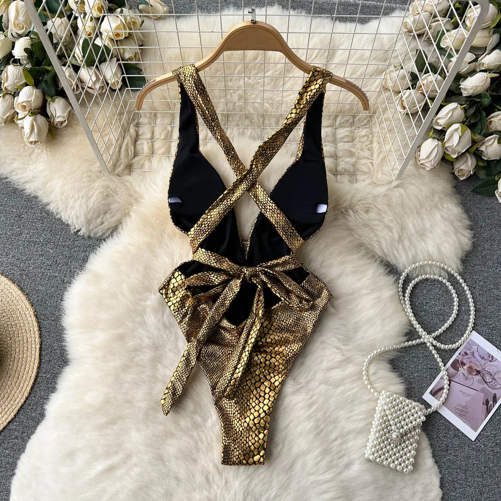 goosudu  Fashion Serpentine Print Sexy Bodysuits Hollow Out Cross Short Playsuit Streetwear Vacation Beach Backless Slim Romper