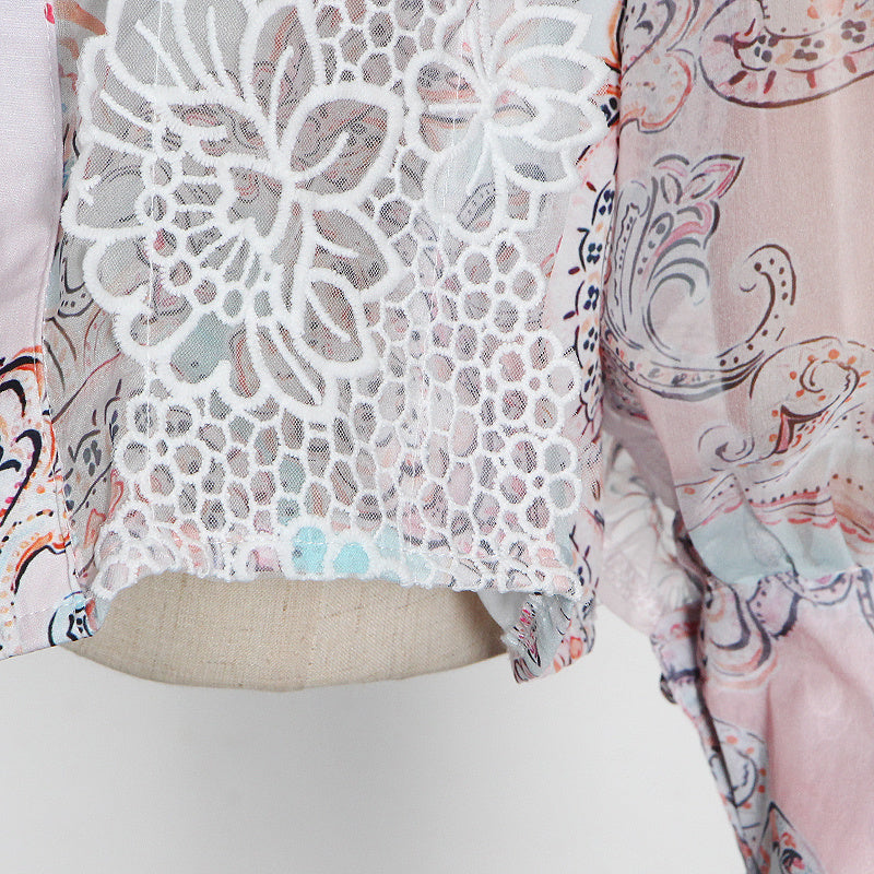 woloong  Sweet Patchwork Lace Set For Women Stand Collar Long Sleeve Shirt High Waist Skirt Print Sets Female Fashion New
