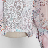 woloong  Sweet Patchwork Lace Set For Women Stand Collar Long Sleeve Shirt High Waist Skirt Print Sets Female Fashion New