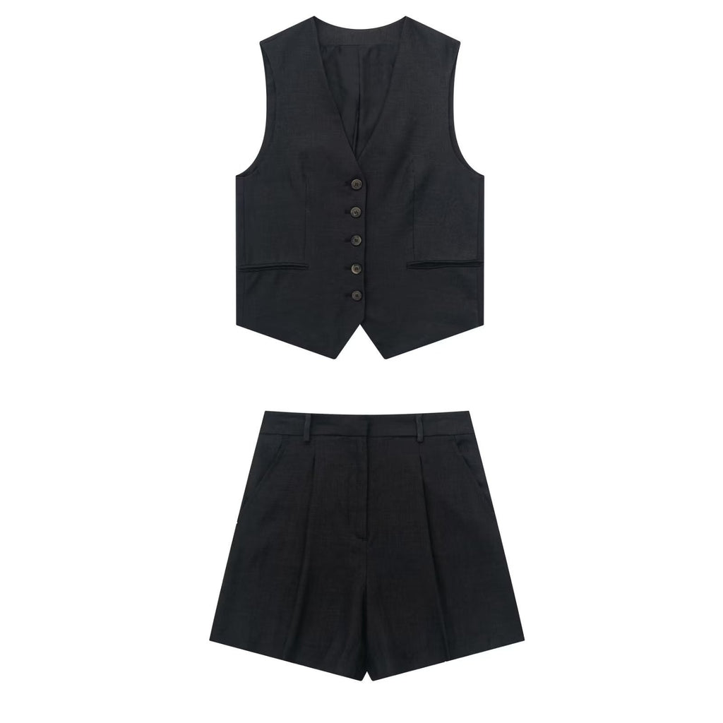 Linen V-neck Vest High Waist Shorts Sets Single Breasted Sleeveless Blazer Shorts 2 Pcs Set Women Fashion Commuter Suits