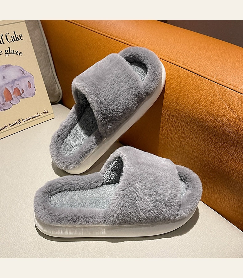 goosudu Thick Fluffy Fur Slippers New Women Winter House Warm Furry Slippers Women Flip Flops Home Slides Flat Indoor Floor Shoes