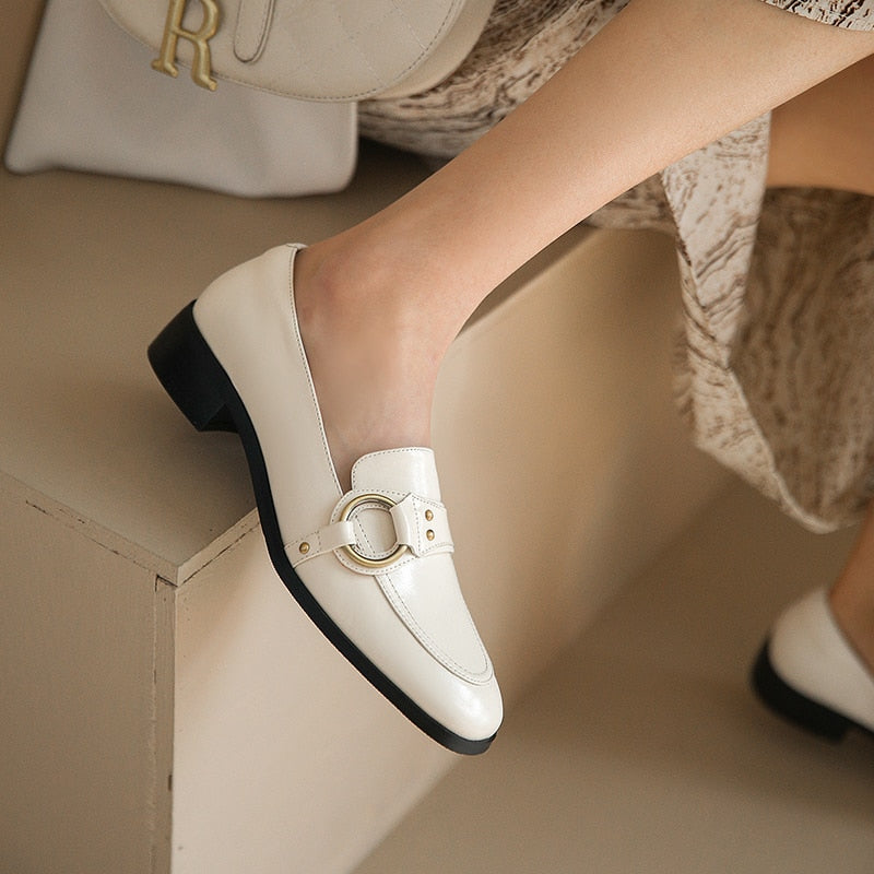 woloong   Spring New Genuine Leather Women Shoes Fashion Retro Slip-On Loafers Shoes Square Toe Shoes Woman Zapatos De Mujer Flats