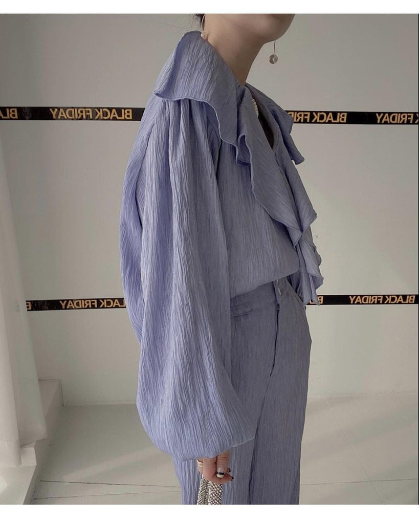 Ruffle Spliced V-neck Shirt + High Waist Wide Leg Pants Set Female  Autumn New Women Solid Loose Two-piece 16T577