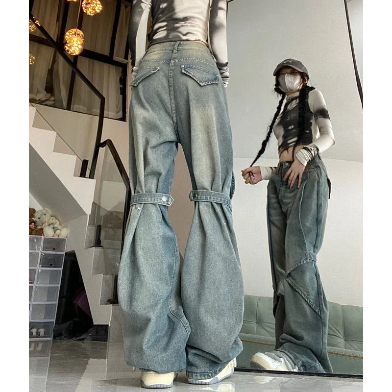 Blue Women Jeans Vintage High Waist Chic American Fashion Y2K Streetwear Wide Leg Jean Female Trouser  NEW Baggy Denim Pants
