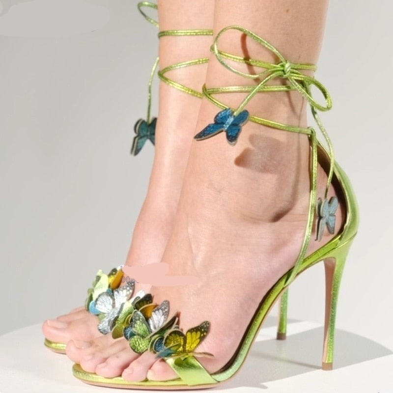 woloong Green Yellow Butterfly Sandals Back Lace Up Blue Red Thin High Heel Sandals New Summer Shoes For Women Stilettos Sandals