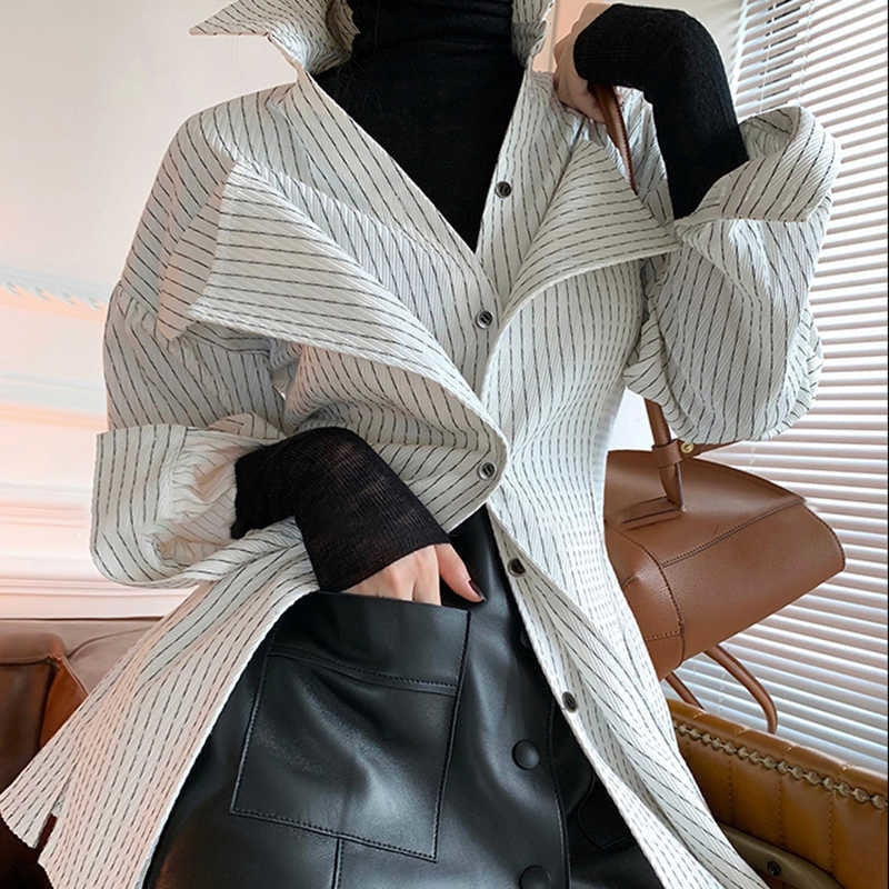 woloong  Korean Patchwork Ruffle Shirt For Women Lapel Long Sleeve Striped Casual Fake Two Shirts Female Fashion New Clothes