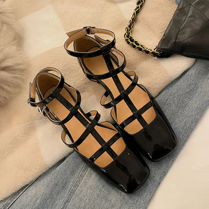 Fashion Sandals Women New High Real Genuine Leather Square Head Slim Strap Buckle Roman Style High Heels Summer Versatile
