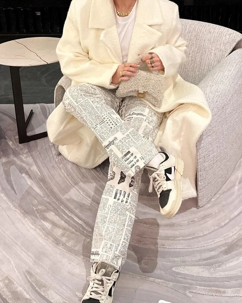 Fashion Newspaper Letter Printed Straight Denim Pants New Streetwear High Waist All-Match Jeans for Women Trousers