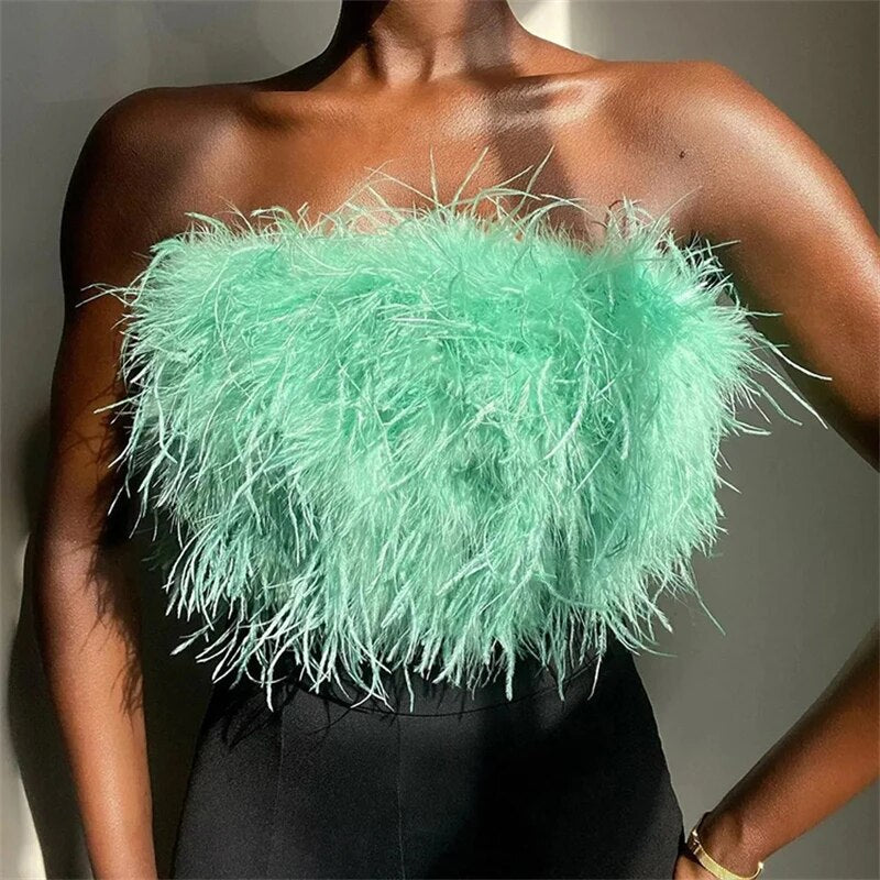 Fur Feather Strapless Tube Tops For Women Party Fashion Bustier Cute Top Y2k Club New Sexy Mini Fluffy Corset Top