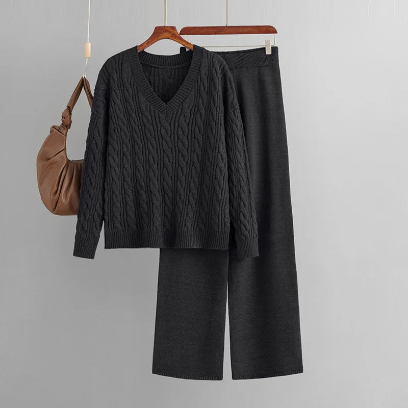 goosudu  Autumn Loose Two Pieces Sets Women Twist Striped Sweater+Wide Legs Thick Long Pant Home Wear Casual Knitted Suits