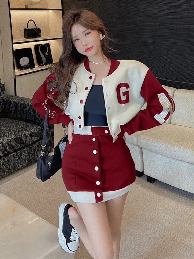 New Casual 2 Piece Set Women Loose Hoodie Vintage Baseball Jacket High Waist Mini Skirts Two Piece Suits