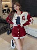 New Casual 2 Piece Set Women Loose Hoodie Vintage Baseball Jacket High Waist Mini Skirts Two Piece Suits