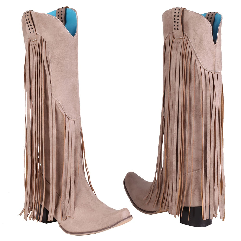 woloong  New Arrival Cowboy Western Long knee-high Boots Women Stacked Heeled Fringe Retro Casual Ridding Boots Autumn Shoes