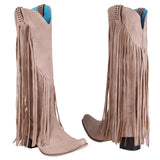 woloong  New Arrival Cowboy Western Long knee-high Boots Women Stacked Heeled Fringe Retro Casual Ridding Boots Autumn Shoes
