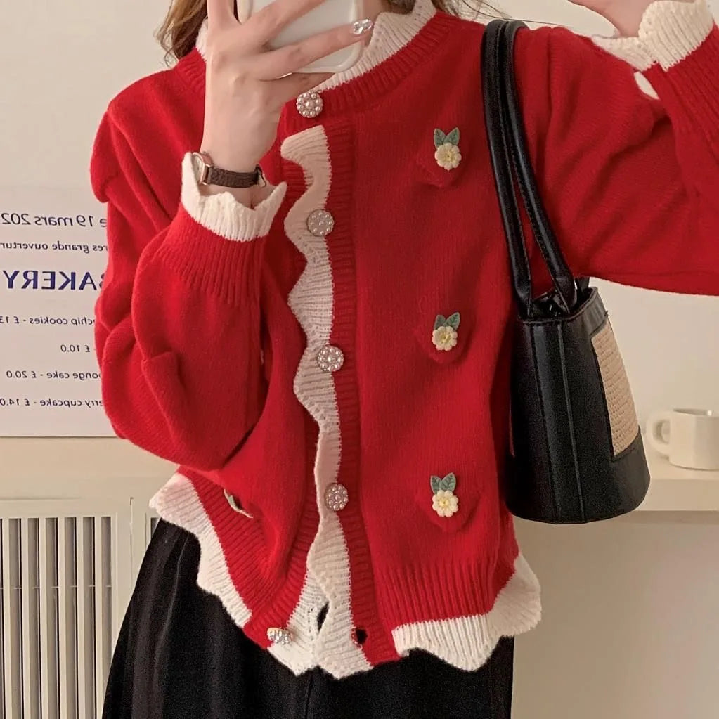 Chic Korean Fashion Flower Pattern Red Christmas Cardigan Sweaters Autumn Winter Long Sleeve Y2K Aesthetic Knitted Tops Christmas New Year