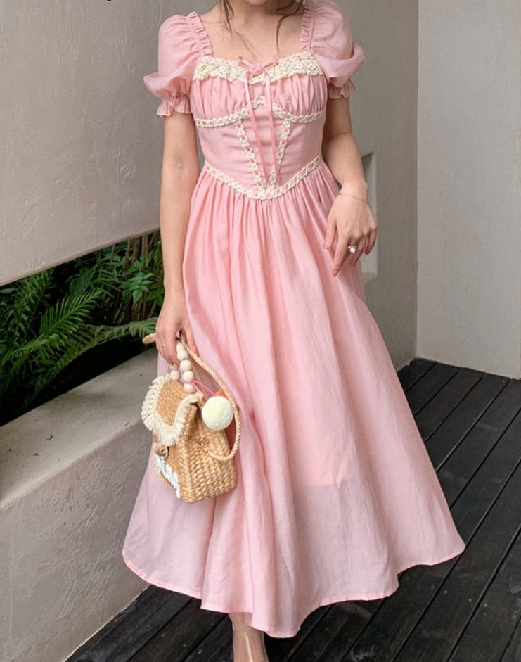 Summer Pink Vintage France Fairy Dress Lace Elegant Evening Party Midi Dress Women Puff Sleeve Korean Style Sweet Dress New