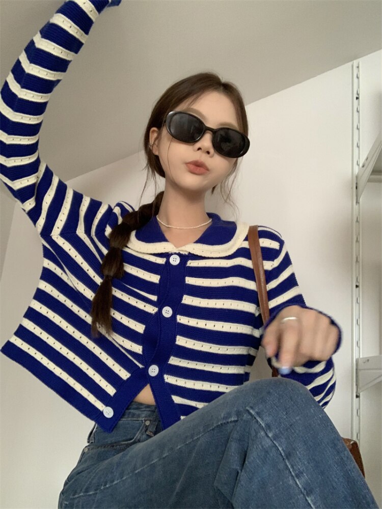 Striped Knitted Cardigan Women Hollow Out Turn Down Collar Long Sleeve Cropped Sweater Loose Outwear Autumn New Tops