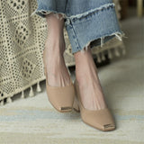Spring New Women's Pumps Genuine Leather Square Toe Chunky Heel Fashion All-match Casual Women's Shoes Green/Apricot