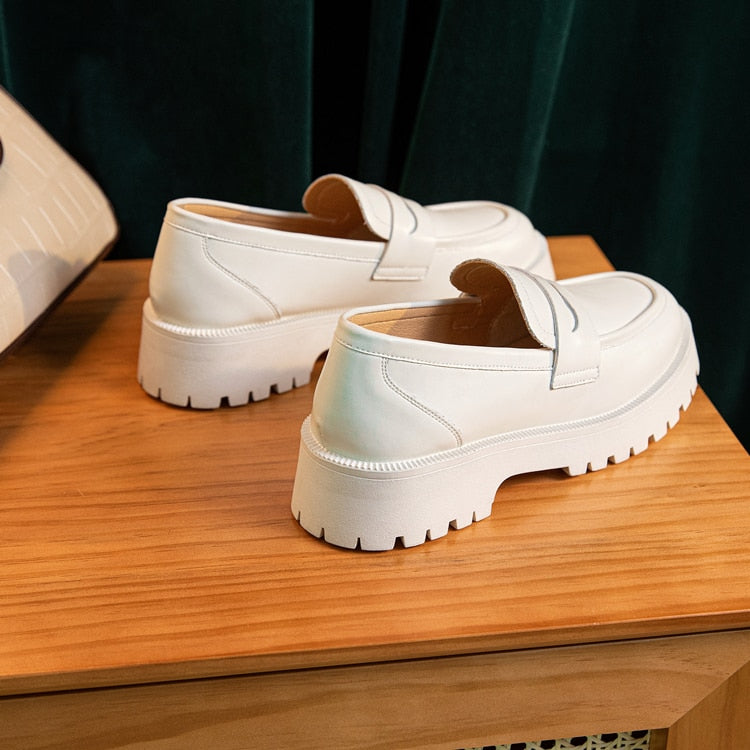 woloong  Spring Shoes Female British Style New Thick-soled College Style Casual Loafers Genuine Leather Fashion Shoes Girls