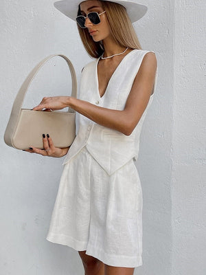 Cotton Linen Vest Shorts White Blue Sets Sleeveless Button V-neck Waistcoat 2 Pieces Set Womens Elegant Top Shorts Suits