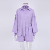 Women's Pajamas Cotton Casual Shorts Sets Striped Jacquard 2 Pieces Cozy Lapel Lantern Sleeve Shirt Summer Outfit Shorts Suits