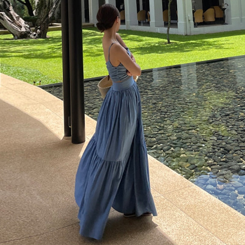 Sexy Two Piece Set Skirt Women French Style V-neck Slim Fit Short Camisole Tank Top High Waist Large Swing Ruched Skirt Suit