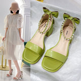 woloong Brand Ladies Sandal Spring New Fairy Pearl Sandals Sweet Square Heel with Mesh Crystal Temperament High Heels Tenis Masculino