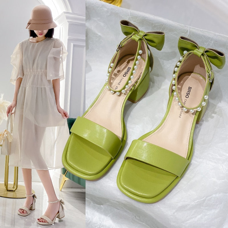 woloong Brand Ladies Sandal Spring New Fairy Pearl Sandals Sweet Square Heel with Mesh Crystal Temperament High Heels Tenis Masculino