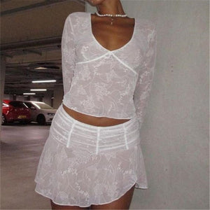 Women Lace Trim 2 Piece Skirt Set Sexy See Through Sleeveless Crop Tops Bodycon Skirt Outfits Summer Skirt Suit