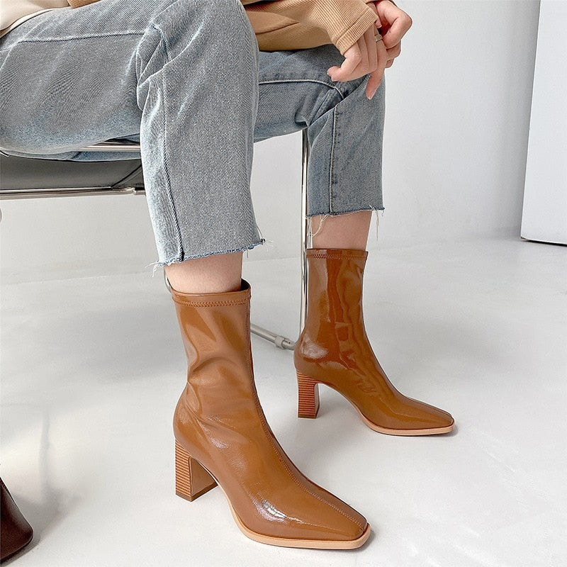 goosudu  Elastic Thin Boots Mid-tube Short Boots Autumn and Winter New Thick Heel High Heel Patent Leather White Martin Boots Women