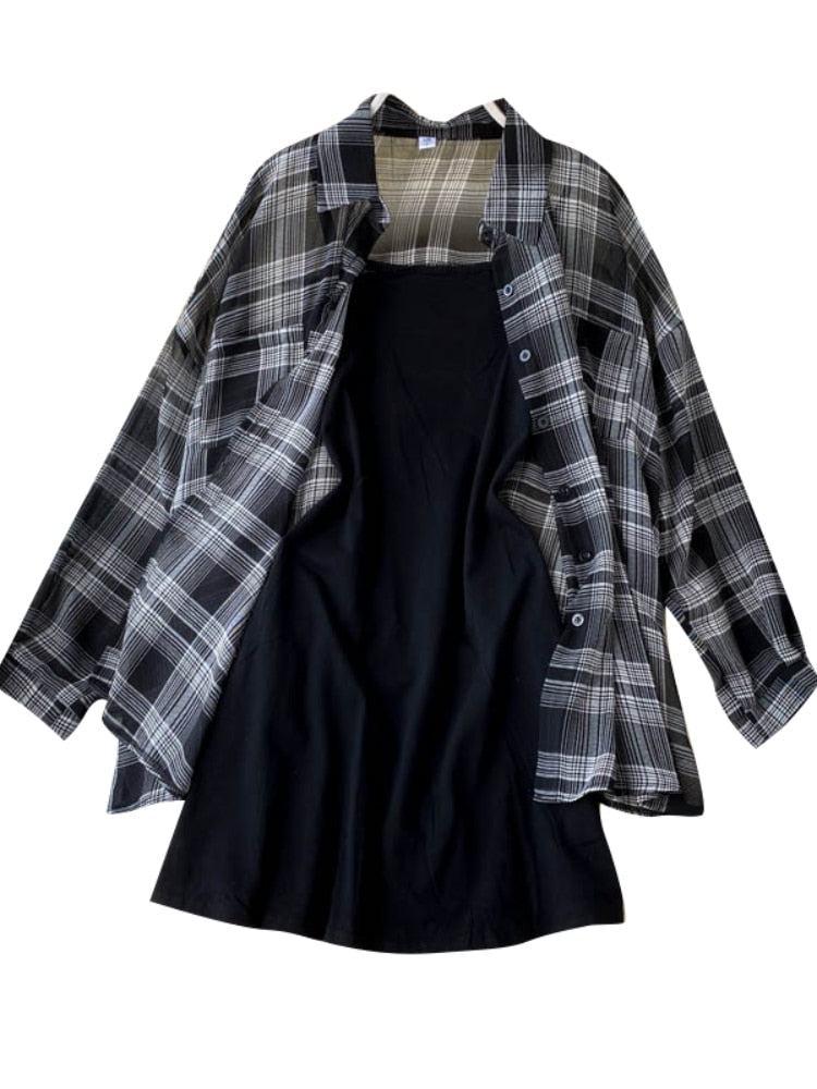 New Summer Autumn Casual Two Piece Set Long Sleeve Plaid Grey Overcoats Spaghetti Strap Slim Black Solid Dress