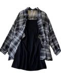 New Summer Autumn Casual Two Piece Set Long Sleeve Plaid Grey Overcoats Spaghetti Strap Slim Black Solid Dress