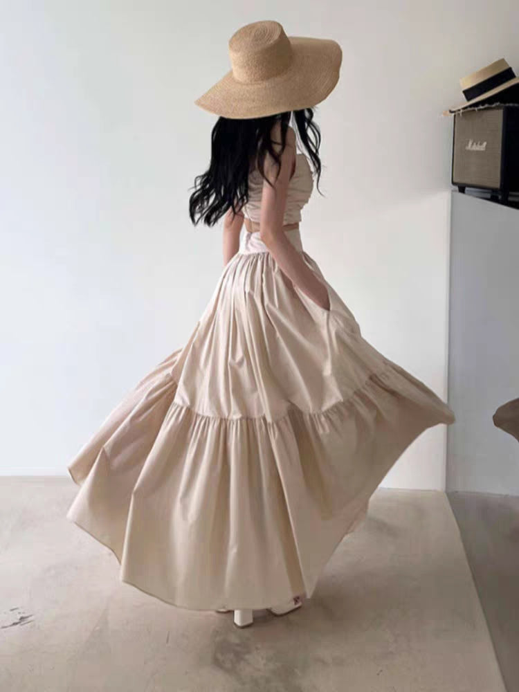 Sexy Two Piece Set Skirt Women French Style V-neck Slim Fit Short Camisole Tank Top High Waist Large Swing Ruched Skirt Suit