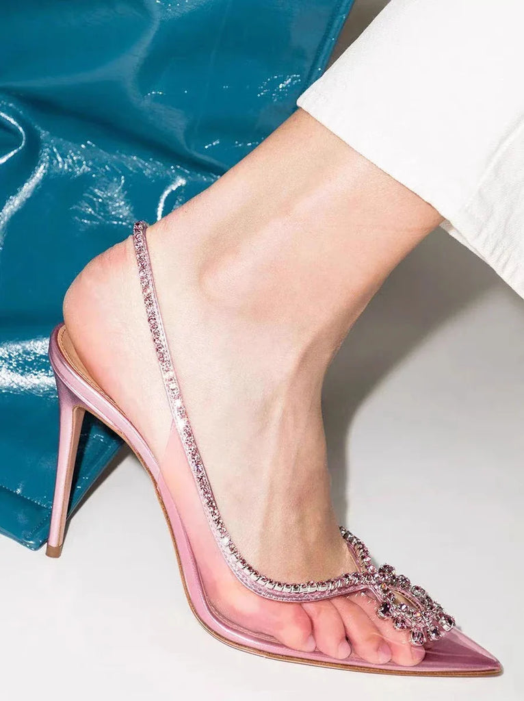 Spring and summer new European and American pointed high heels transparent rhinestone fashion sandals